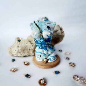 Blue and white marbled female bust statuette – Decorative plaster sculpture – Handmade contemporary art – Artistic, sexy gift idea