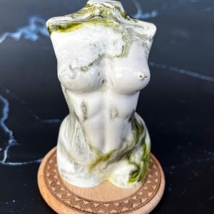 Handmade plaster female bust statuette, Green and black marbled sculpture, Modern and elegant artistic decoration, Unique decoration