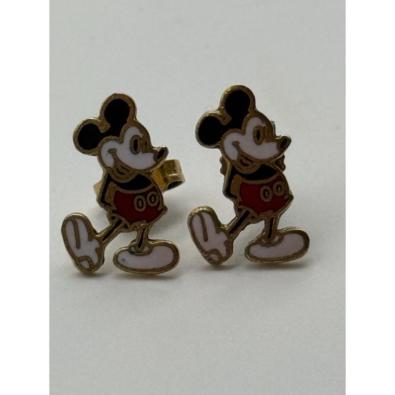Pendientes de botón vintage de los años 70 de Mickey Mouse de Walt Disney, esmaltados en tono dorado. imagen 2