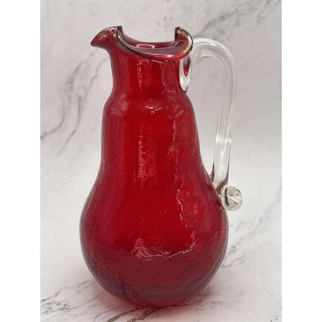 Ruby Pitcher Ruby Red Crackle Glass Pitcher W/clear Handle Handmade Small 4.5