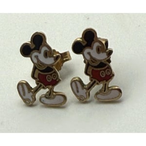 Pendientes de botón vintage de los años 70 de Mickey Mouse de Walt Disney, esmaltados en tono dorado. imagen 1