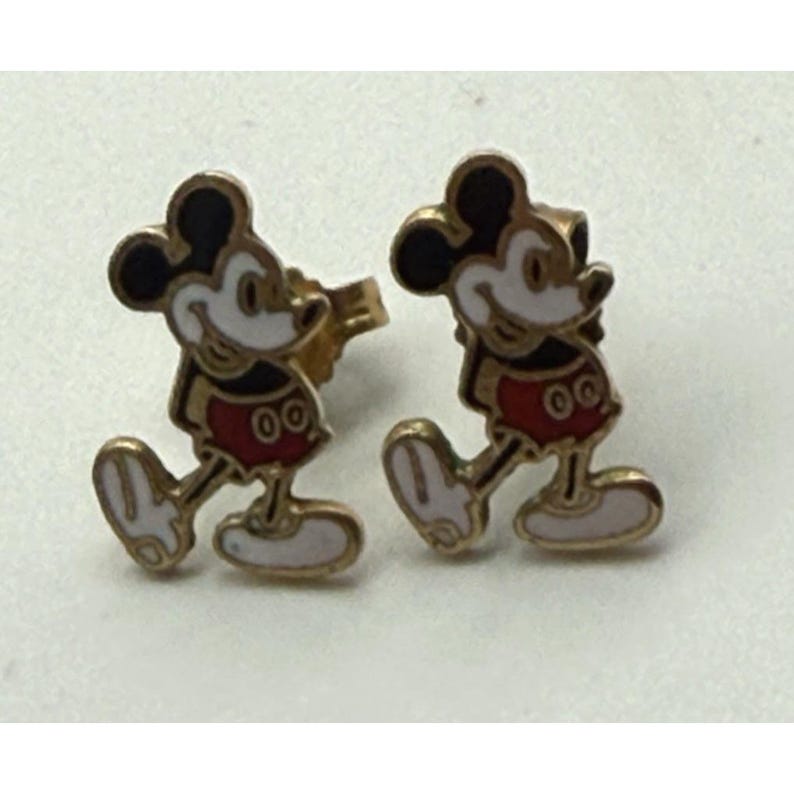 Pendientes de botón vintage de los años 70 de Mickey Mouse de Walt Disney, esmaltados en tono dorado. imagen 1
