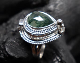 Anillo vintage de ágata musgosa con veneno, pastillero bañado en plata 925