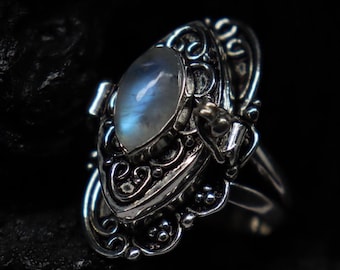 Vintage Moonstone Poison Ring- 92.5 Silver Plated Handmade Compartment Pill Box Locket Ring