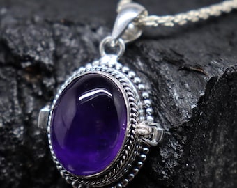 Vintage Amethyst Poison Pendant, 925 Silver Plated Locket Necklace