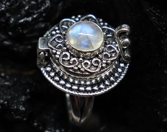 Anillo vintage de piedra lunar venenosa – Pastillero bañado en plata 925