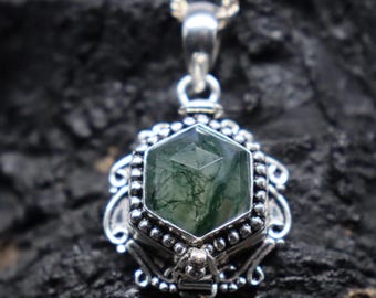 Handmade Moss Agate Poison Pendant-92.5 Silver Plated Compartment Locket Green Gemstone Women Necklace