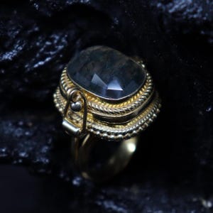 May include: A gold-toned ring with a large, faceted, dark gemstone. The ring features intricate detailing around the stone and along the band, with a textured, rope-like design. The gemstone has a rectangular shape with cut facets.