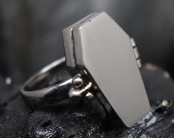 Handmade Black Rhodium Coffin Locket Ring: Secret Pill Box