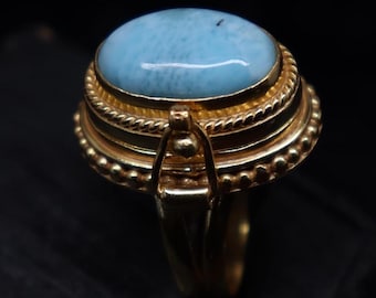 18K Gold Plated Larimar Poison Ring, Handmade Locket Pillbox Ring