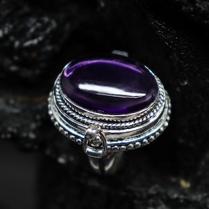 Natural Amethyst Poison Ring- 925Silver Plated Handmade Poison Ring-Compartment Box Ring-Locket Pillbox Ring-Secret Box Ring-Men/Women Gift