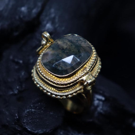 Moss Agate Poison Ring - 18K Gold Plated Locket Ring