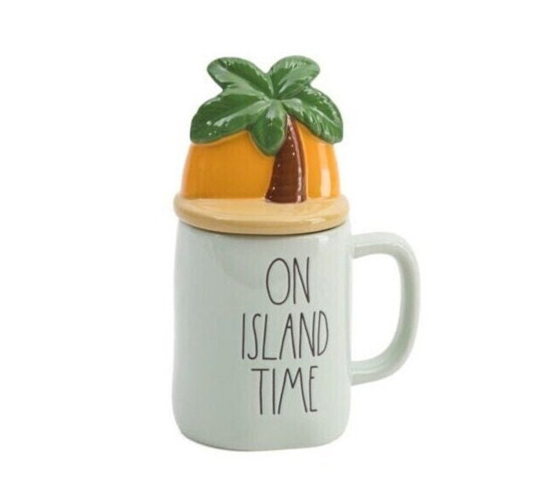 New Rae Dunn On Island Time Palm Tree Mug w/Topper  Summer image 1