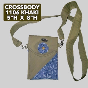 May include: Khaki crossbody bag with a blue floral accent and a blue patterned design. The bag is 5" high and 8" wide. The bag has a long strap and the text "CROSSBODY 1106 KHAKI 5"H X 8"H" is visible.