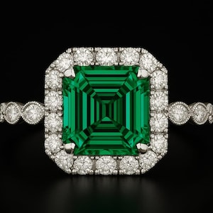 Art Deco Green Moissanite Ring: Halo Engagement, Sterling Silver