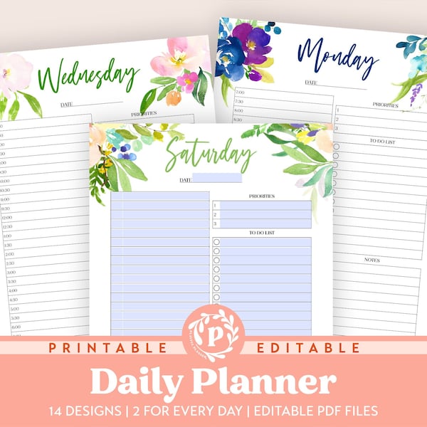 Floral Daily Planner Bundle Printable Editable includes 14 Designs, 2 for Each Day, Schedule, To Do List, Daily Priorities in A5 A4 & Letter