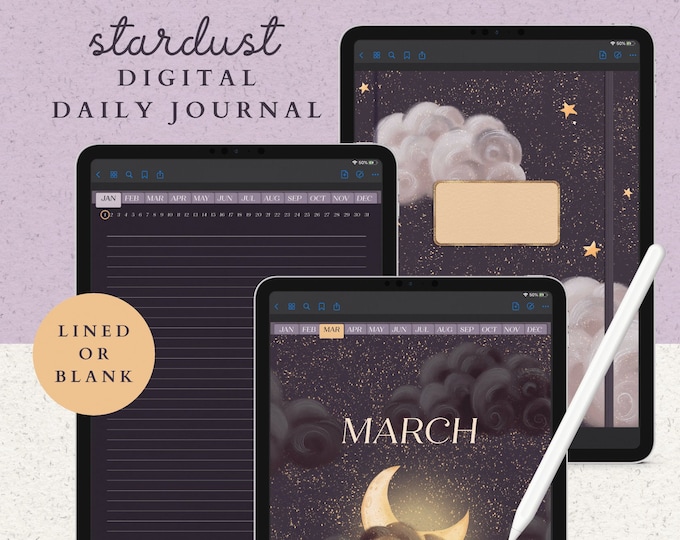 Daily Digital Journal with 365 Hyperlinked Dark Mode Pages including a Notebook with 12 Sections, 8 Covers, and 13 PNG Template Stickers