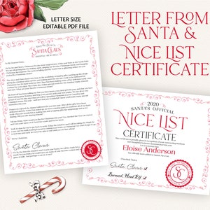 Certificado de Lista de Niza imprimible y carta de Papá Noel PDF editable con membrete de Papá Noel y sello certificado de Lista de Niza