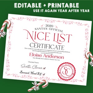 Certificado de lista agradable imprimible de Papá Noel PDF editable / También incluye un JPG para escribir a mano su propio certificado