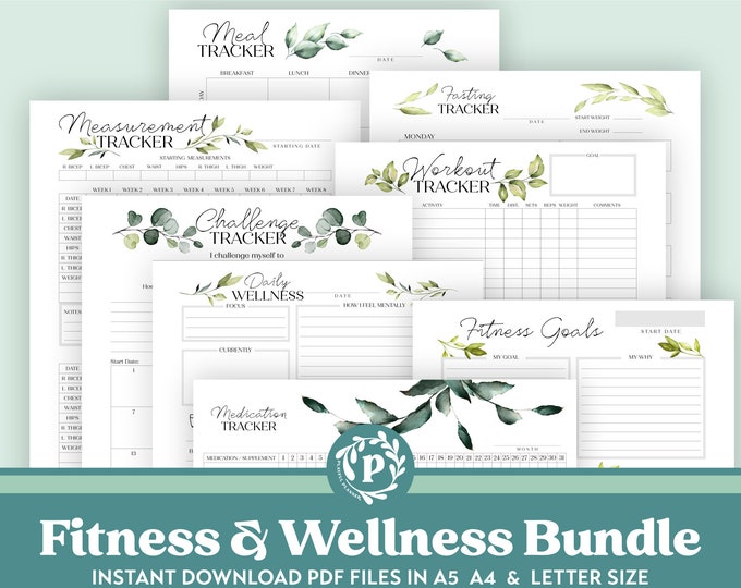 Wellness Self Care Fitness Planner Bundle Printable Inserts Including Habit + Challenge Trackers in sizes A5 A4 & Letter