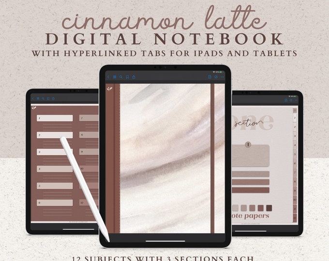 12 Subject Digital Notebook with Hyperlinked Tabs, 14 Note Page Templates, Neutral Colors Brown Tan & Cream