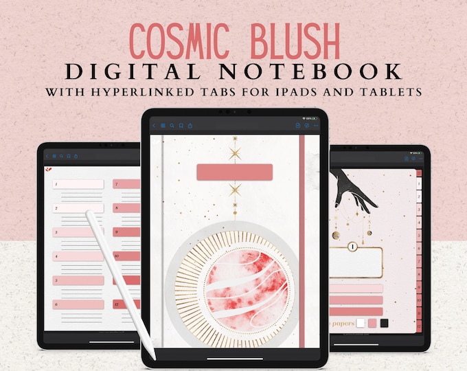 12 Subject Digital Notebook with Hyperlinked Tabs, 14 Note Page Templates, Celestial Planets and Stars in Blush and Gold