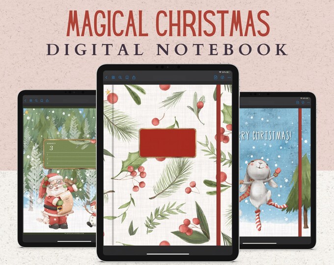 12 Subject Digital Notebook with Hyperlinked Tabs, 14 Note Page Designs, Christmas Notebook to Plan the Holidays, Dark Mode & White pages