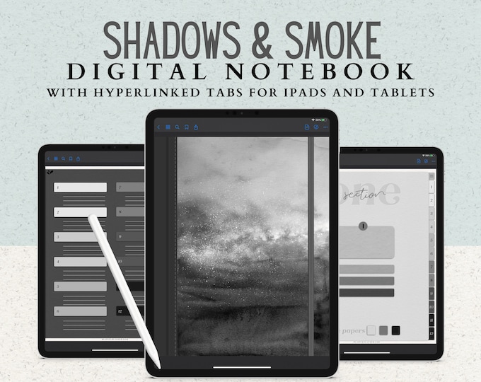 12 Subject Digital Notebook with Hyperlinked Tabs, 14 Note Page Templates, Gray Black and White