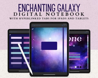 12 Subject Digital Notebook with Hyperlinked Tabs, 14 Note Page Templates, 5 Enchanting Galaxy Covers, Dark Mode as well as white pages