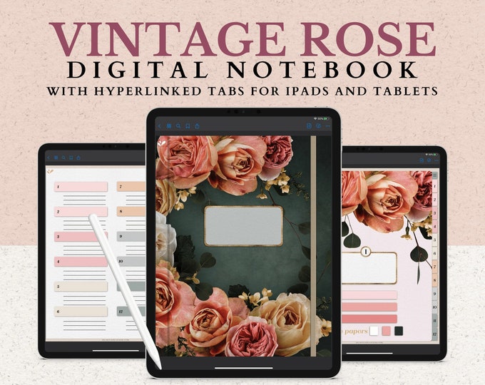 Digital Notebook with 12 Subject Hyperlinked Tabs, 14 Note Page Templates, 5 Vintage Rose covers, Dark Mode Green, Blush, and White pages