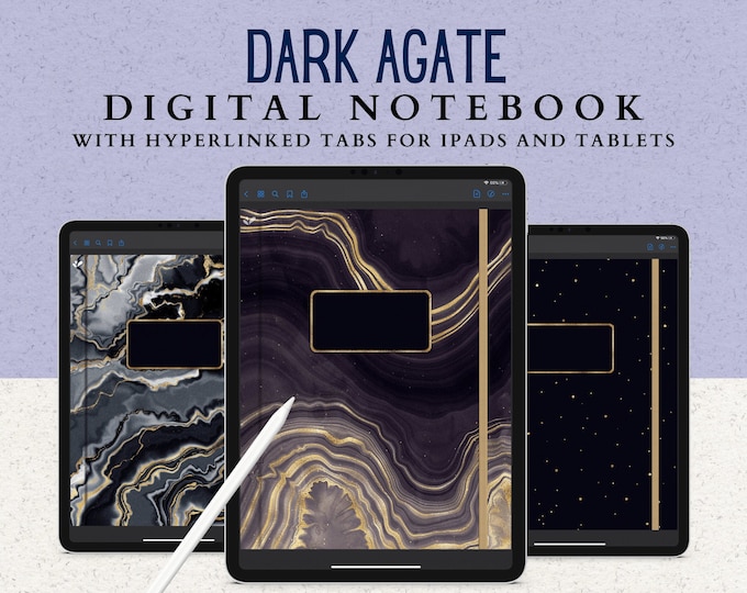 12 Subject Digital Notebook with 6 Agate & Gold Covers, 14 Page Templates, Hyperlinked Tabs, Dark Mode, DIY Planner with 36 Sections