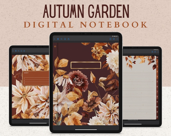 12 Subject Digital Notebook, Hyperlinked Tabs, 14 Paper Templates, Autumn Flowers and Pumpkins, Dark Mode for Fall & Thanksgiving November