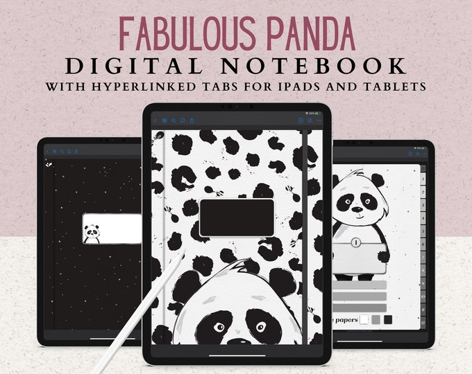 12 Subject Digital Notebook Hyperlinked Tabs, 14 Note Page Designs, Dark Mode Black, Gray, & White Pages decorated with Pandas and Stars