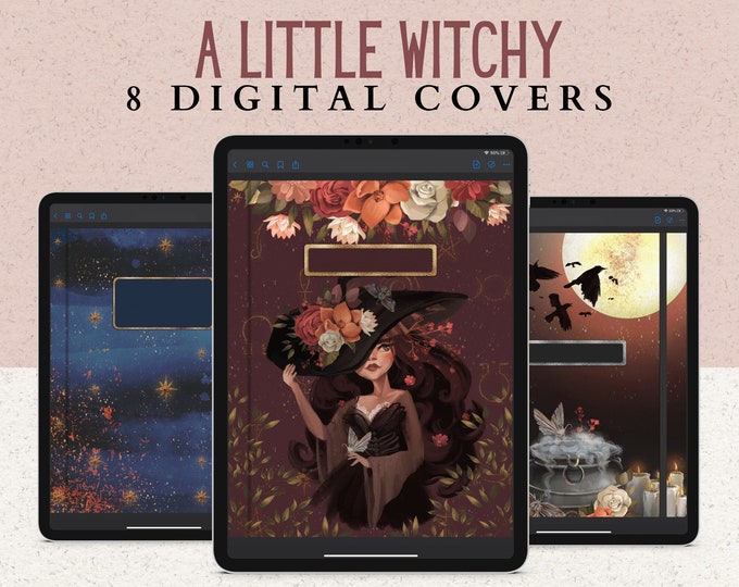 8 Witchy Digital Notebook Covers for Planners or Journals | Witches, Cauldrons, Moon and Stars