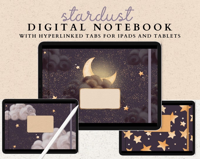 12 Subject Landscape Digital Notebook with Hyperlinked Tabs, 36 Sections, 14 Note Page Designs, Extra Moon & Stars Covers, Dark Mode Journal