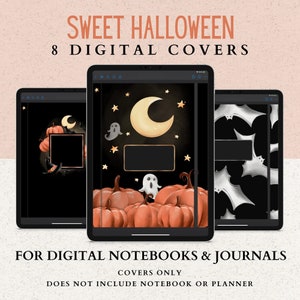 8 Digital Halloween Notebook Covers for Planners or Journals | Witch Hat, Bats, Pumpkins, Moon, and Ghosts