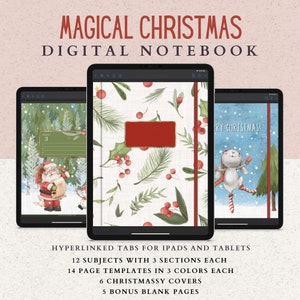 12 Subject Digital Notebook with Hyperlinked Tabs, 14 Note Page Designs, Christmas Notebook to Plan the Holidays, Dark Mode & White pages image 1