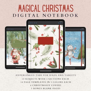 12 Subject Digital Notebook with Hyperlinked Tabs, 14 Note Page Designs, Christmas Notebook to Plan the Holidays, Dark Mode & White pages image 1