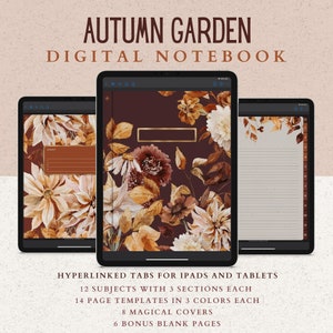 12 Subject Digital Notebook, Hyperlinked Tabs, 14 Paper Templates, Autumn Flowers and Pumpkins, Dark Mode for Fall & Thanksgiving November