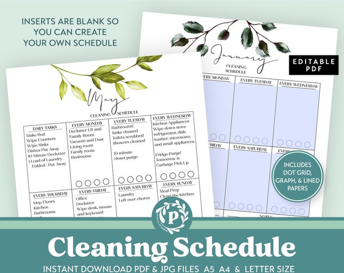 Printable + Editable Cleaning Schedule Planner | Housekeeping Chore Chart | Daily Weekly & Monthly Tasks | Letter Size A5 A4 | Spring Clean