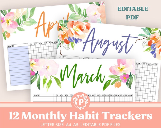 Daily / Monthly Habit Tracker Printable + Editable Bundle includes 12 Designs, 1 for Each Month in sizes A5 A4 & Letter