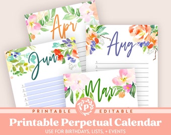 Printable Perpetual Calendar | Editable Text Fields | Birthday List Calendar | Letter Size, A5, & A4 | Daily Gratitude | Habit Tracker