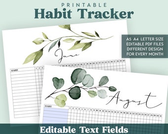 Printable Daily Habit Tracker Bundle includes 12 Designs, 1 for Each Month in sizes A5 A4 & Letter - Now Editable