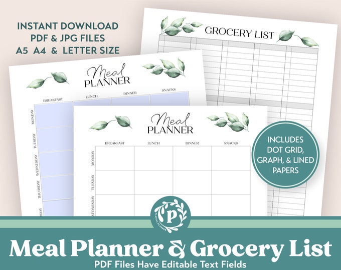 Editable Meal Planner & Grocery List Printable Bundle in sizes A5 A4 and Letter