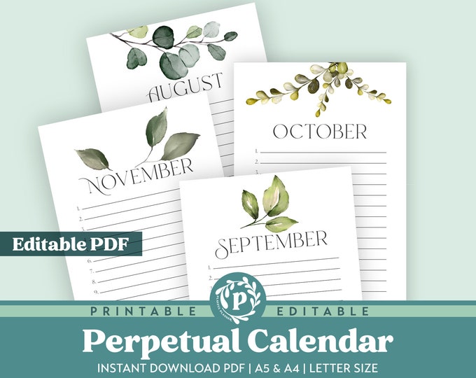 Editable Botanical Printable Perpetual Calendar | Watercolor List Calendar | Print on Letter Size, A5, or A4 | PDF and JPG files included