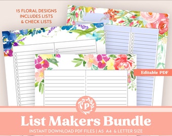 List Lovers Bundle | Floral To Do List, Checklist and Note Pages Printable Insert Bundle in Letter Size, A5, and A4