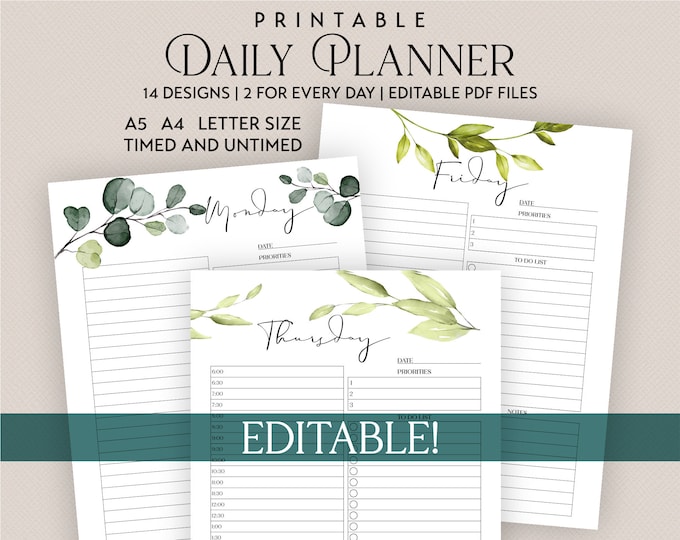 Daily Planner Bundle Printable Editable Timed Hourly Schedule or Untimed, To Do List, Daily Priorities in A5 A4 & Letter