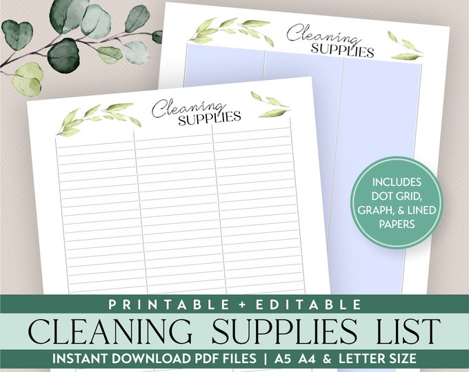 Cleaning Supply List Printable + Editable Planner Insert| Housekeeping Supplies list | Letter Size A5 A4