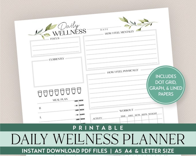 Printable Daily Wellness Self Care Planner Insert includes in sizes A5 A4 & Letter