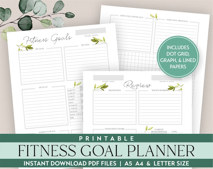 Fitness Goal Planner Printable Insert includes in sizes A5 A4 & Letter